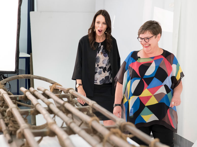 PM Jacinda Adern sees Shackleton’s sled for the first time