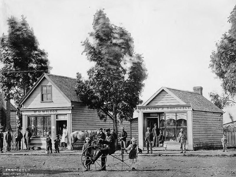 Detail of Town street, Geraldine, circa 1870, Canterbury, by William Ferrier. Purchased 1999 with New Zealand Lottery Grants Board funds. Te Papa (O.020707) =""