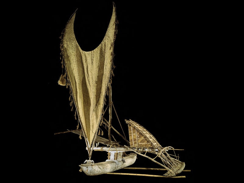 Tepuke (sailing canoe), 1997, Solomon Islands, by William Keizy. Purchased 1997 with New Zealand Lottery Grants Board funds. Te Papa (FE011153) Sailing vessel