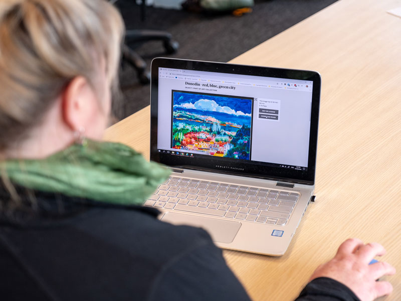 A person on a laptop looking at images on Te Papa's Collections Online website