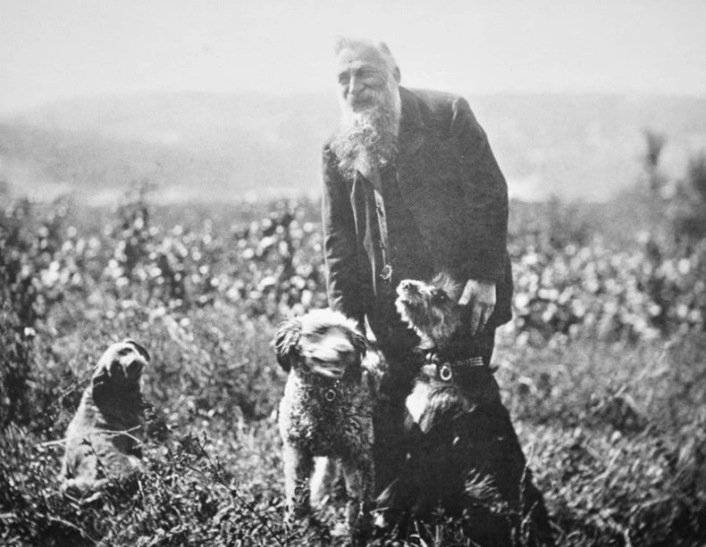 Auguste Rodin surrounded by three dogs