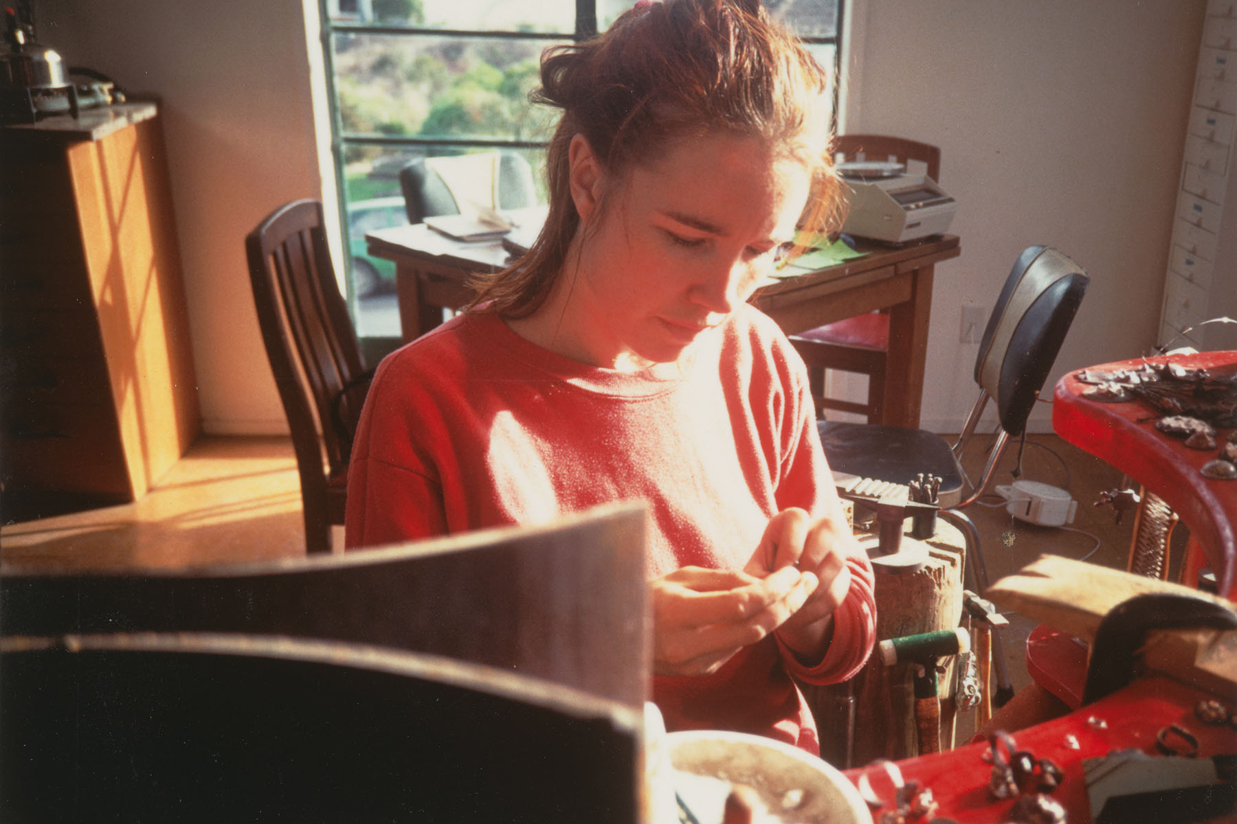 Lisa sits at her desk working