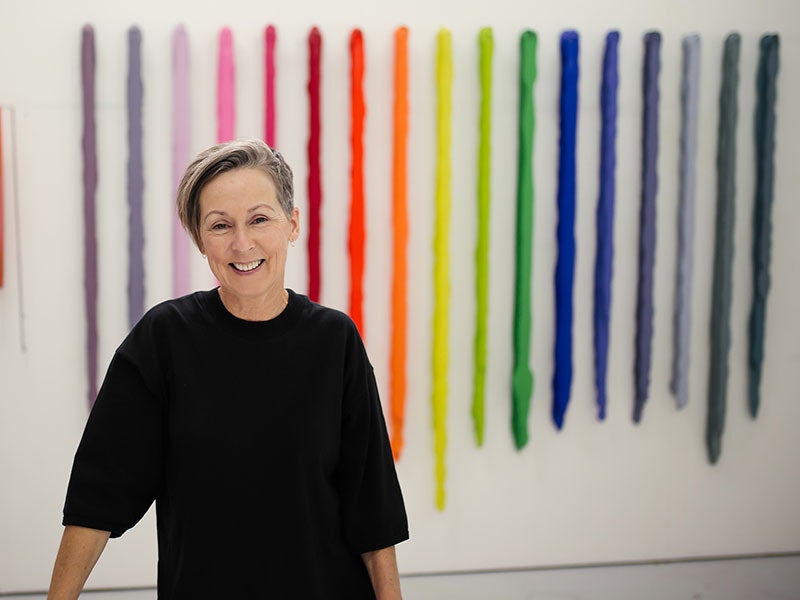 Helen Calder, with Everything in its right place (Arrangement for seventeen colour groups 17/51), 2011-2017, acrylic paint, stainless steel pins. Photograph by Lucy Li. Courtesy of Helen Calder =""