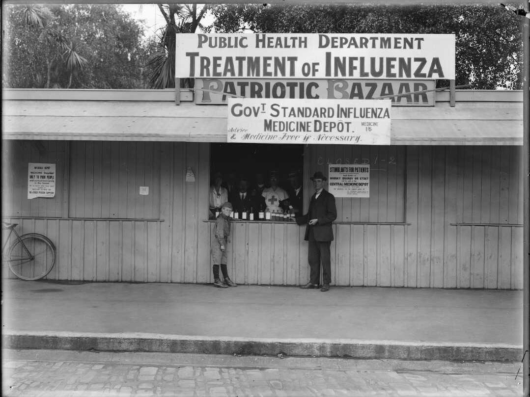 Influenza depot. Ref: 1/1-008542-G. Alexander Turnbull Library, Wellington, New Zealand An influenza medicine depot a man and a boy stand outside