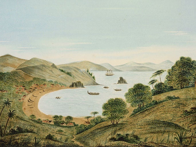 Thomas Gardiner, Kororareka Beach, Bay of Islands, New Zealand, about 1856, watercolour. Purchased 1993 with New Zealand Lottery Grants Board funds. Te Papa (1993-0029-1) View of a beach and bay from above with waka sailing