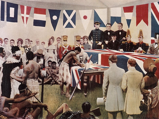 Marcus King, Reconstruction of the Signing of the Treaty of Waitangi, 1939. Archives New Zealand Te Rua Mahara o te Kāwanatanga (ABKB 8032 W5234 Box 1/1 2445) Painting depicting Tāmati Wāka Nene in the act of signing the Treaty of Waitangi in a tent surrounded by people