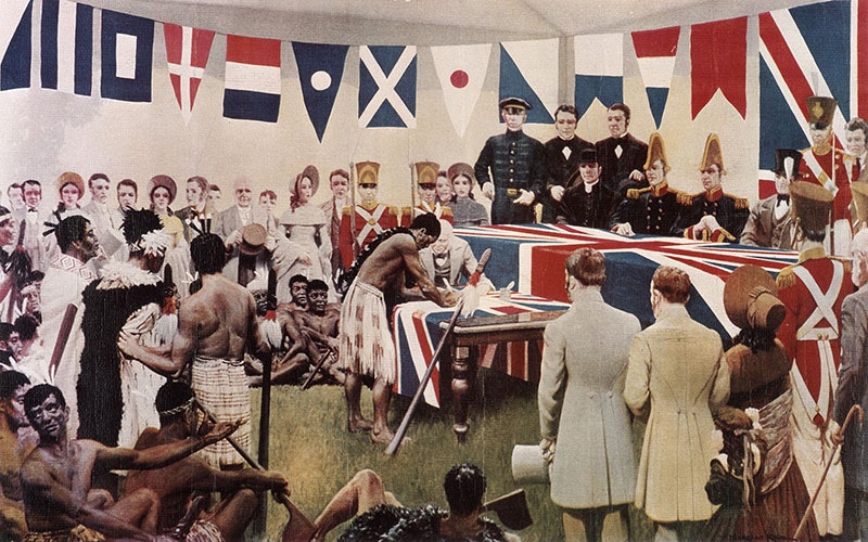 Painting depicting Tāmati Wāka Nene in the act of signing the Treaty of Waitangi in a tent surrounded by people