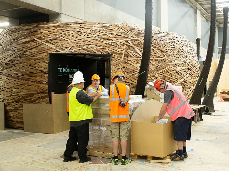 Te Taiao Nature construction site with team members and Te Kōhanga Nest in the background, 2019. Photo by Jack Fisher. Te Papa te-taiao-800x600-1.jpg