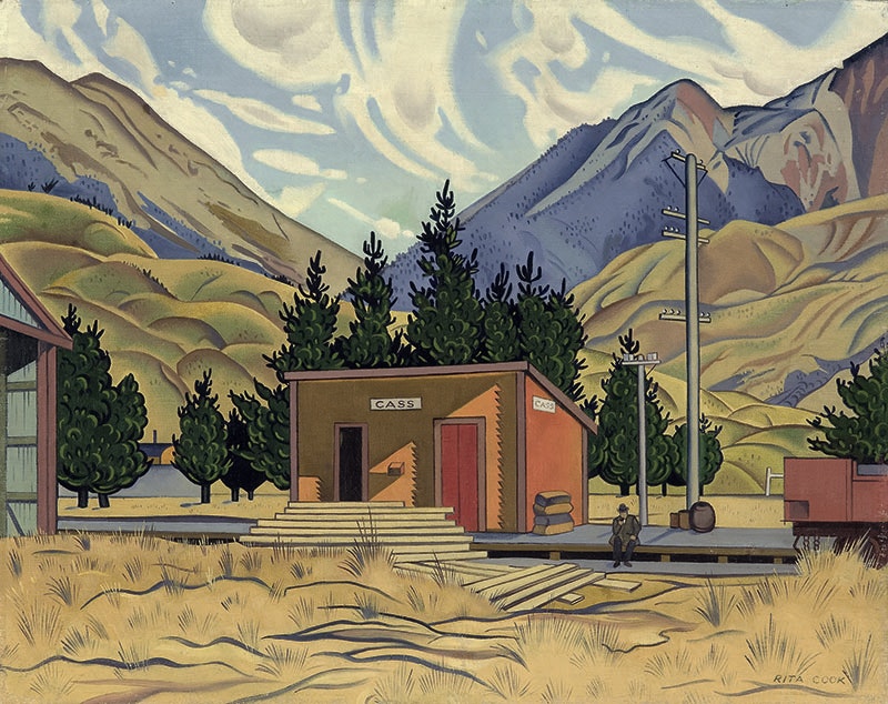 Painting of a small orange single-building train station. Behind are large rolling hills and a cloudy sky. A man sits by the station, smoking a pipe.