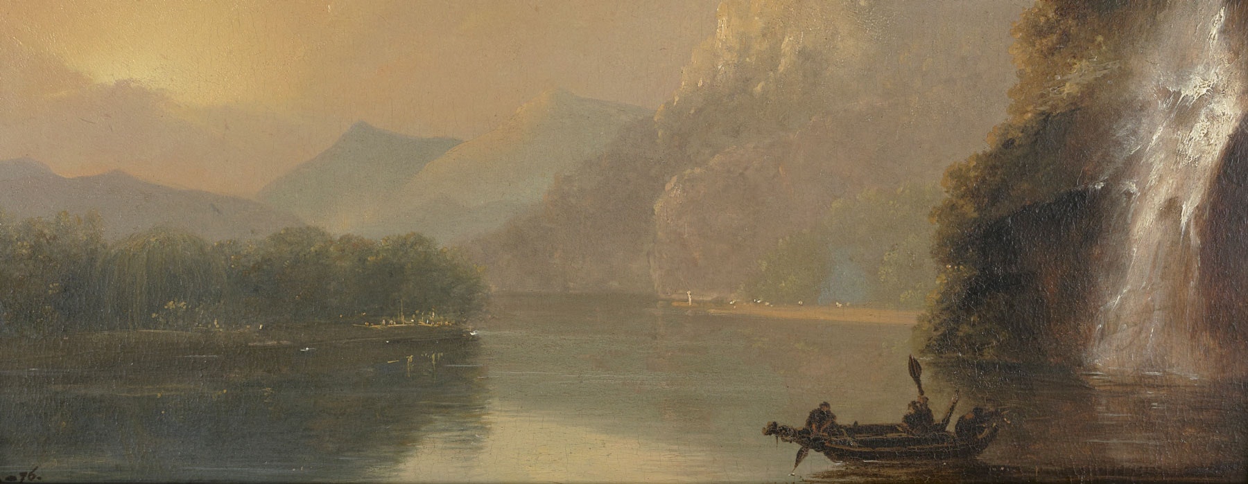 Painting of a small boat on the water with snow-capped mountains in the background