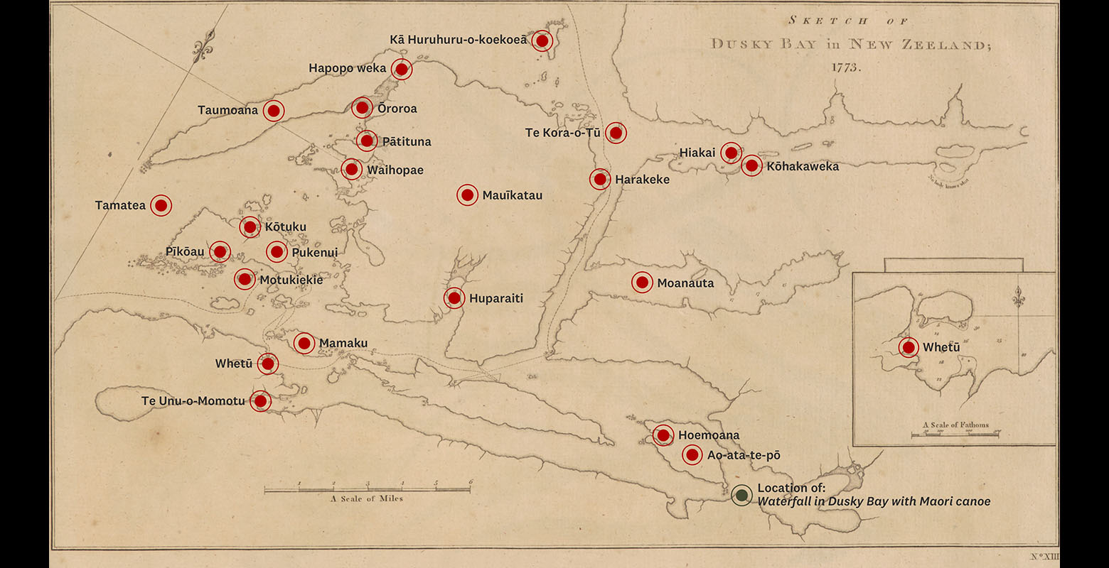A map of the Tamatea (Dusky Sound) area with Ngāi Tahu names on top of it