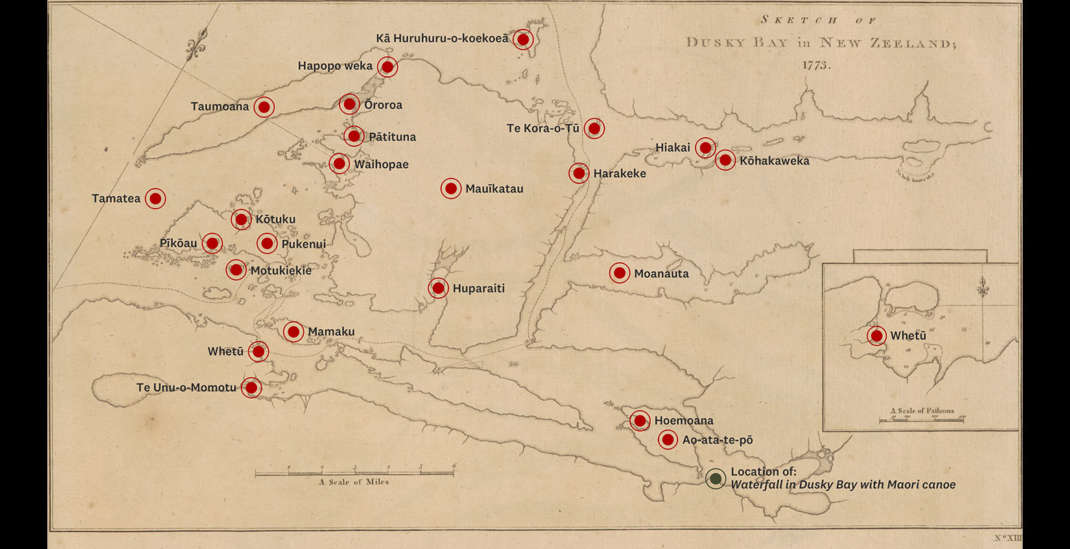 A map of the Tamatea (Dusky Sound) area with Ngāi Tahu names on top of it