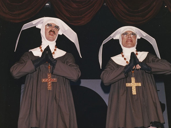 Nuns. From the album: Johnny Croskery photograph album 1980s–1990s, 1988, photographer unknown. Te Papa (O.044292) Two men dressed as nuns