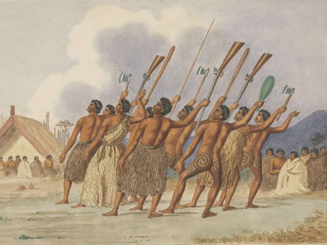 War dance, New Zealand, about 1845, by Joseph Jenner Merrett, watercolour. Rex Nan Kivell Collection, National Library of Australia (PIC Drawer 12898 #T2783 NK1272) A group of Māori perform a haka with various weapons, including guns, raised in the air