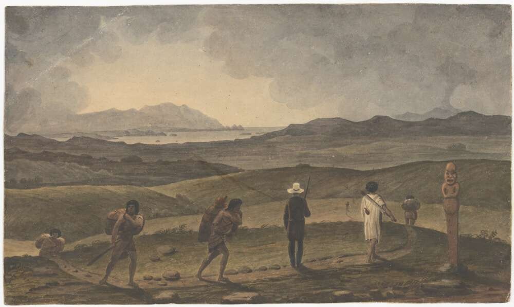 Watercolour painting of Māori and European men walking in a landscape the coast in the distance