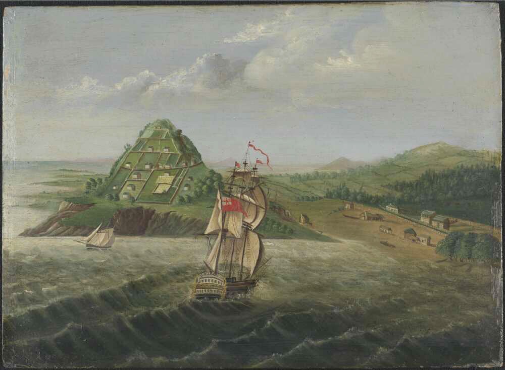 A painting of a sail ship near land. The land has some small dwellings on it