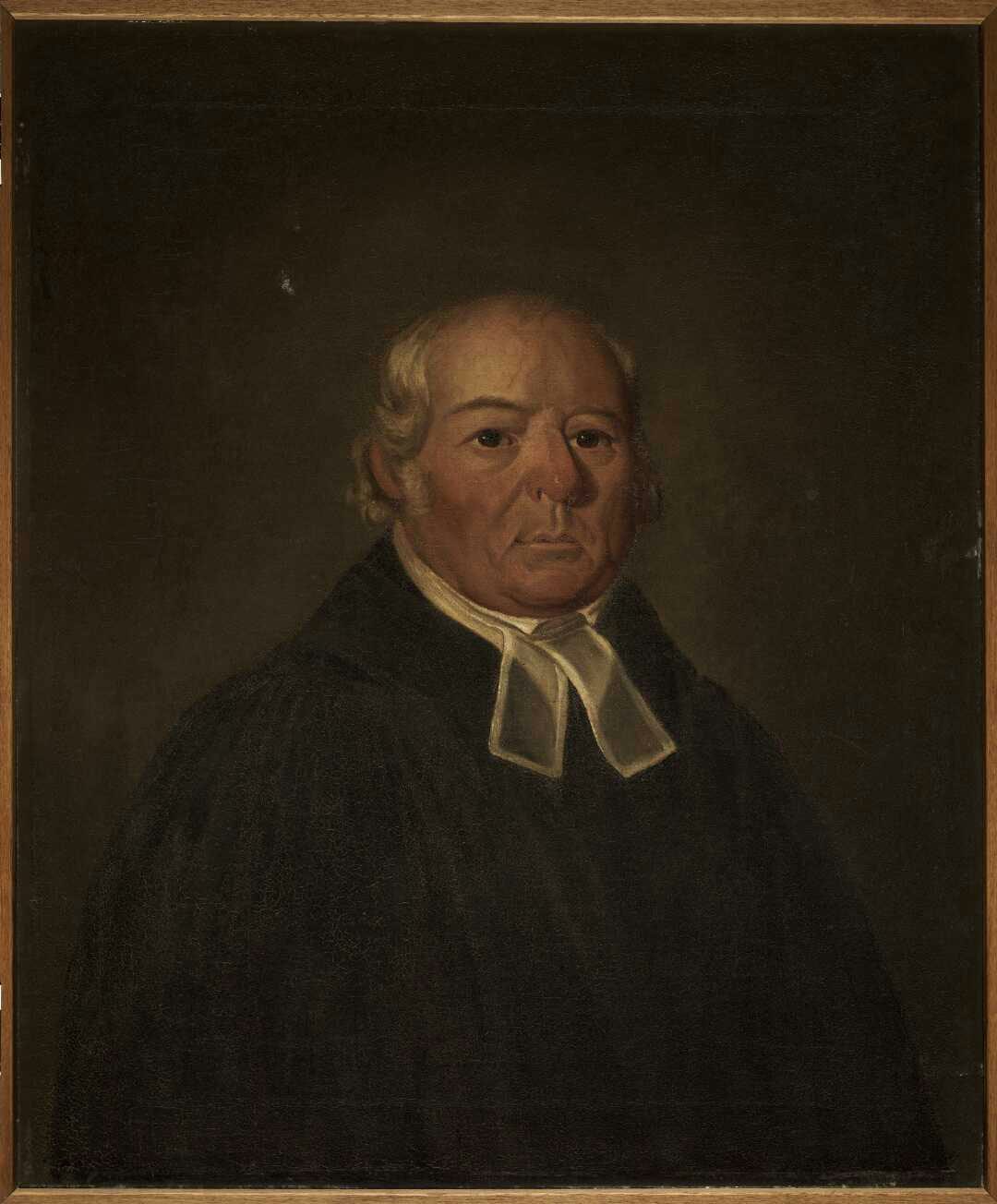 An oil painting of a middle-aged man wearing a black coat and white neck tie