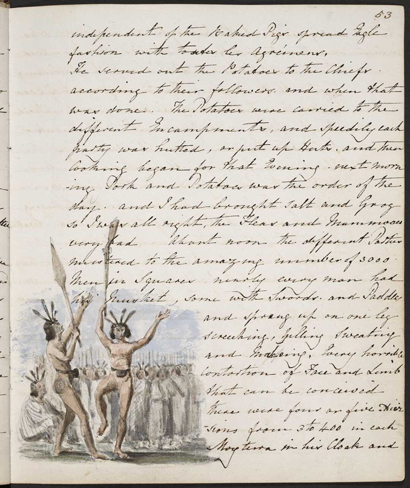 Page of a book with handwriting on it. In the bottom left corner is a colour illustration of two men performing a haka