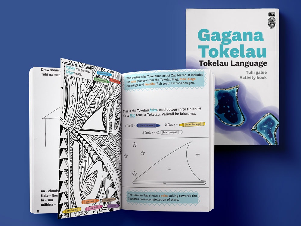Front cover of the Tokelau language activity book and some inside pages picturing the Tokelau flag