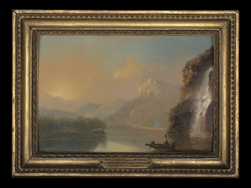 William Hodges, Waterfall in Dusky Bay with Maori canoe, 1776, oil on panel. Purchased 2019 with assistance from Lottery Grants Board, Tuia Encounters – 250 Fund. Te Papa (2019-0003-1)