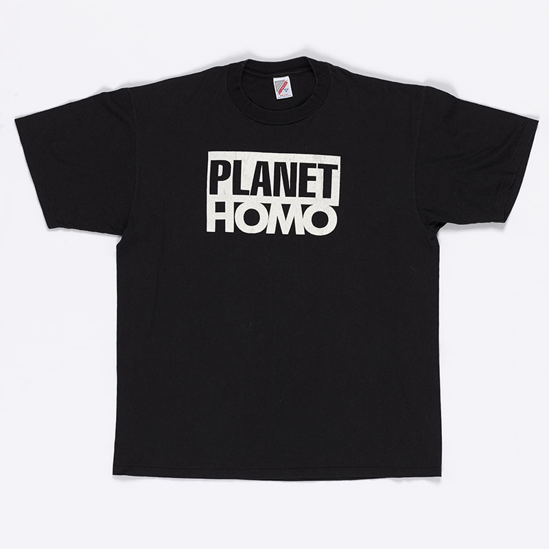 Black T-shirt with 'Planet Homo' written on it in large block text