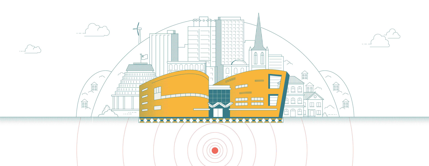 Illustration of Te Papa with a number of other buildings in the background