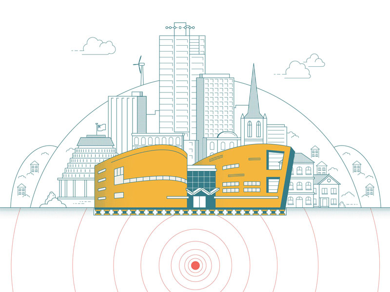 Illustration of Te Papa with a number of other buildings in the background