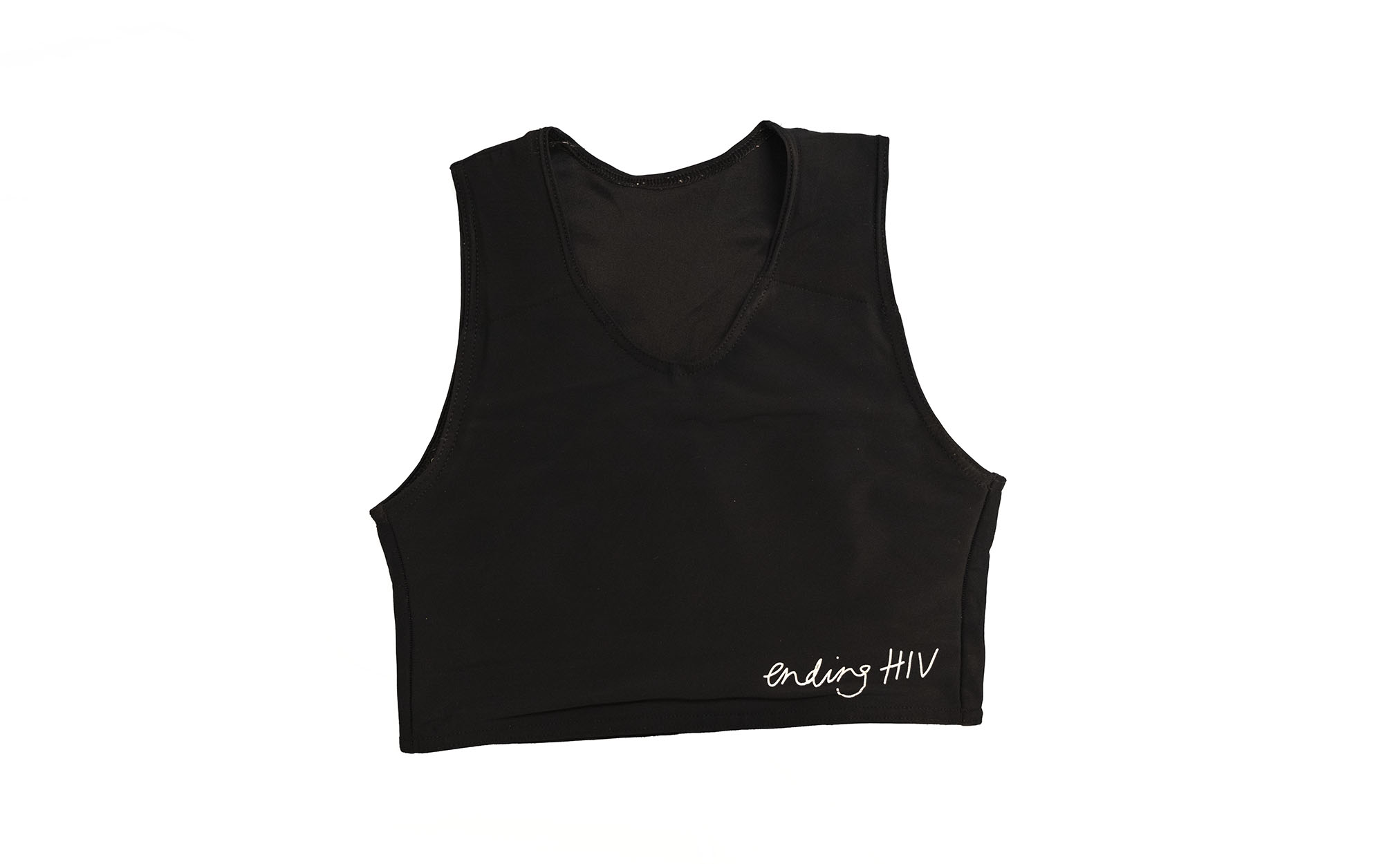 Black chest binder with "ending HIV" written on it in white