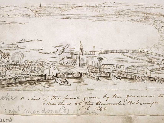 Richard Taylor, A view of the feast given by the Governor to the natives at the Huarake Hokianga Capt Macdonalds station Horeke, 1840, pencil and ink. Alexander Turnbull Library (E-296-Q-169-3) Illustration of festivities at McDonnell’s house. The front garden with six cannon, fences, buildings, a large crowd, 3 flags on flagpoles, many canoes drawn up at the water's edge, the Hokianga River and the hills beyond.