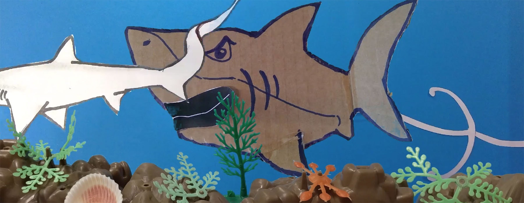 Screenshot of a video showing two cardboard sharks floating in a sea