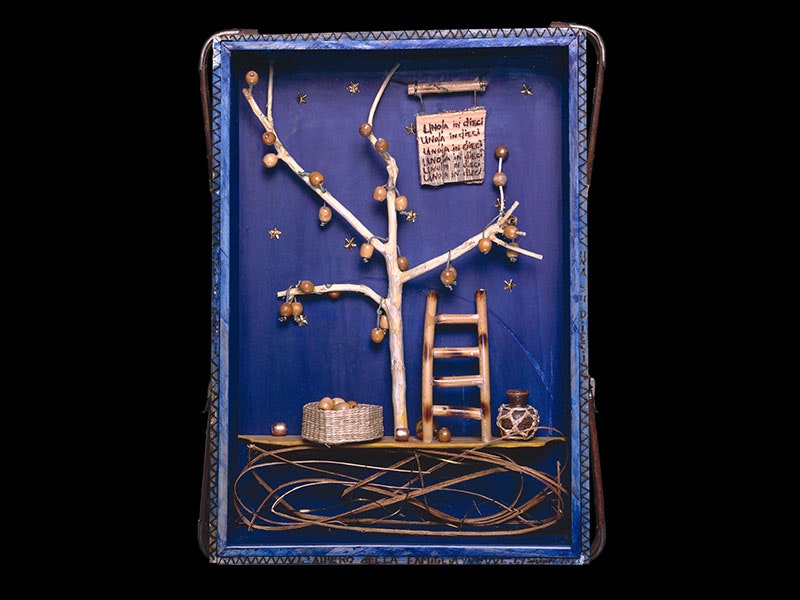 A blue box containing a wooden tree with apples, a ladder to climb to the branches, a basket for the apples, and a sign repeating uno/una in dieci (Italian for one in ten)