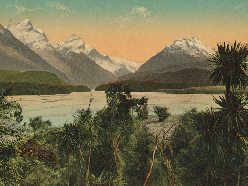 Paradise, Queenstown, New Zealand, 1904-1910, New Zealand, by Muir & Moodie studio. Purchased 1998 with New Zealand Lottery Grants Board funds. Te Papa (PS.000978/01) Mountains and a lake