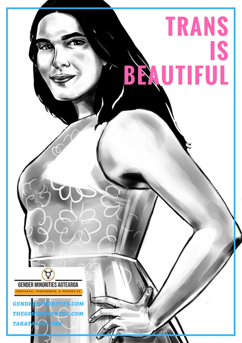 Black and white illustrated poster with pink title 'Trans is Beautiful' and thin blue border. Illustration is a young Pākehā transgender woman looking at the viewer and smiling. She has long black hair, a floral dress, and her left hand on her hip