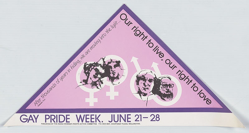 Triangular pennant featuring a pink triangle with purple border, and four faces on top of gender symbols