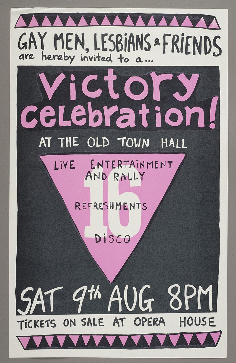 Black, white, and pink poster with the following words on it: “Gay men, lesbians and friends are hereby invited to a victory celebration at the Old Town Hall” with the event details
