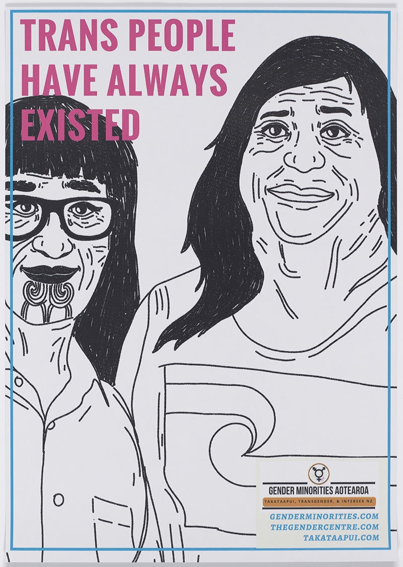 This poster features a powerful and positive image of trans people smiling at the viewer with the message 'Trans People Have Always Existed'