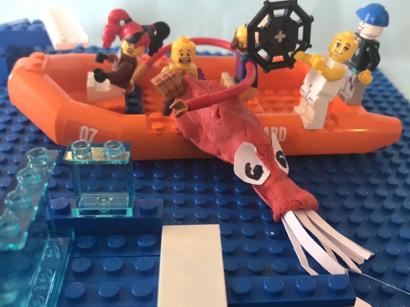 Using Plasticine and Lego to make a fishing boat and colossal squid