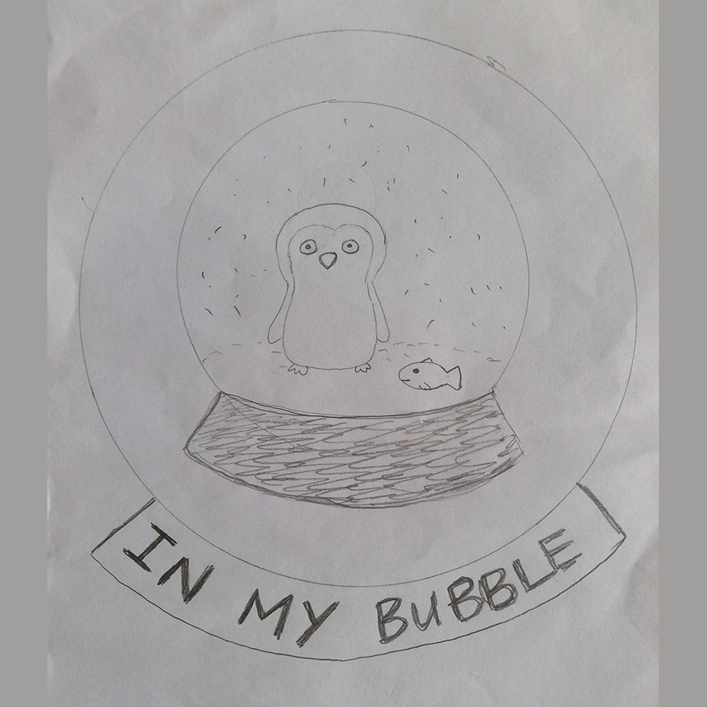 Drawing of a badge shaped like a snow globe, with a snow globe inside it containing a penguin and a fish