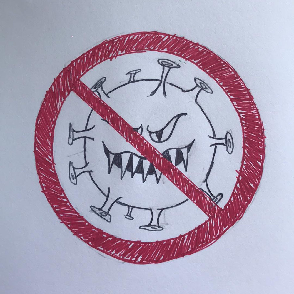 Drawing of a badge featuring a depiction of the coronavirus with a big red circle around it and line across it, suggesting ‘no’