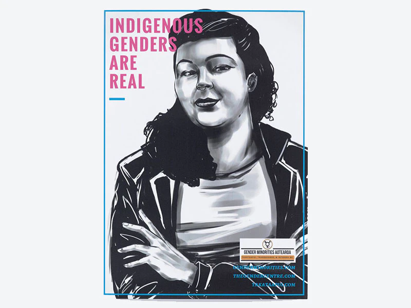 This poster features a powerful and positive image of a trans person smiling at the viewer with the message ‘Indigenous Genders Are Real’