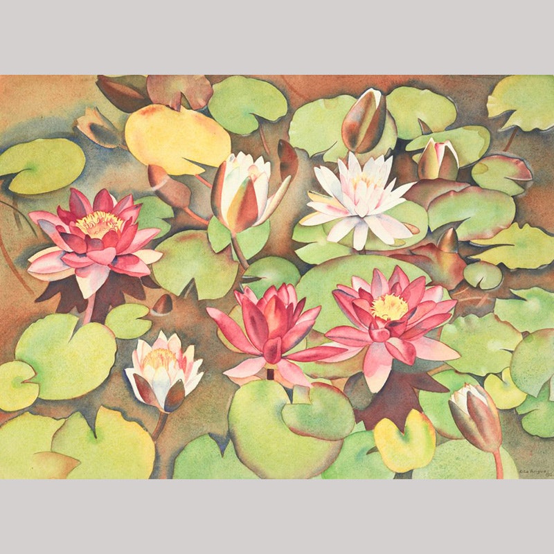 Painting of pink flowers sitting on green leaves in a brown pond