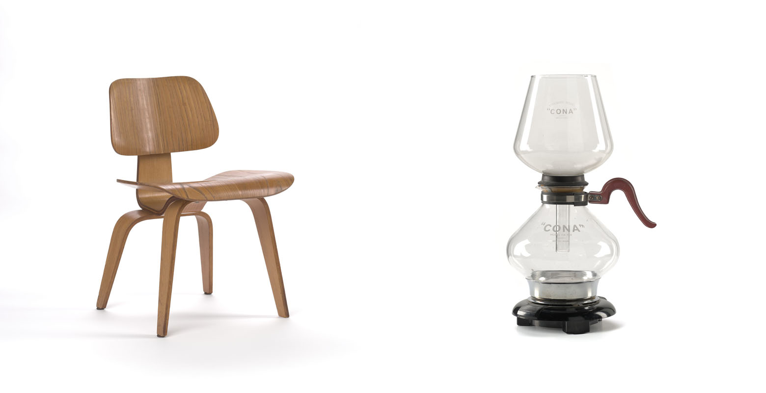 Composite image of a wooden dining chair and glass hourglass-shaped coffee maker