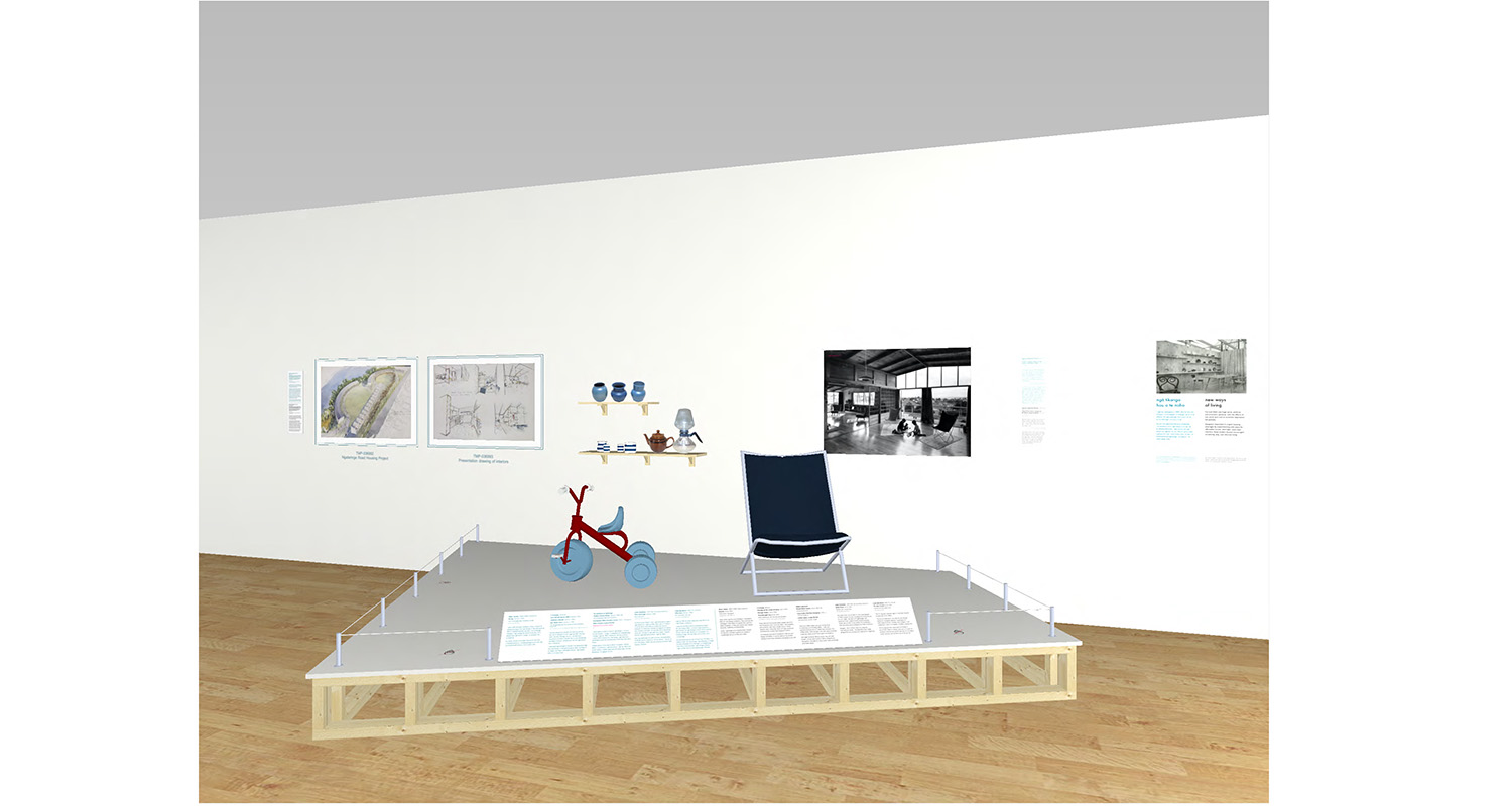 A computer drawing of an exhibition space