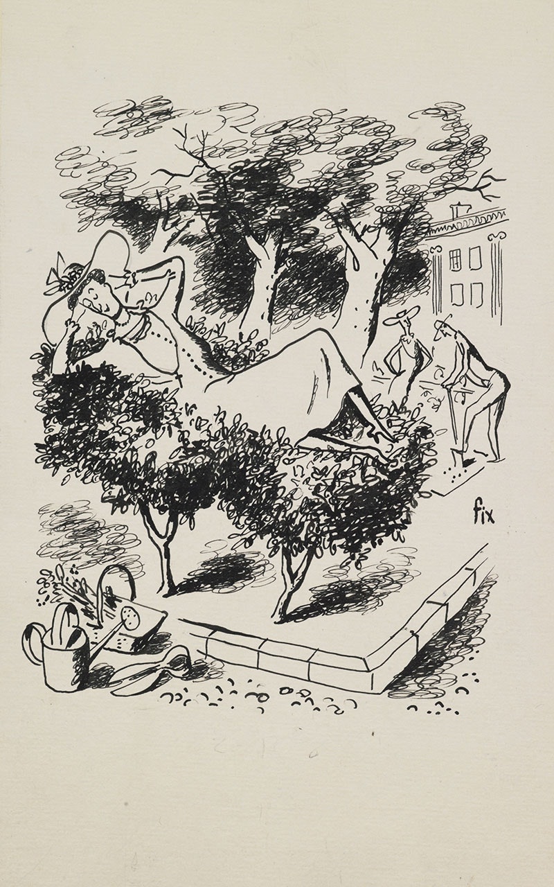 Drawing of a woman resting on top of two short bushy trees. In the background can be seen a man and a woman gardening, and a house