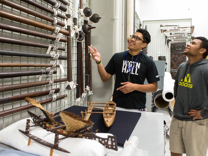 Pacific storeroom tour, 2015. Photograph by Michael Hall. Te Papa