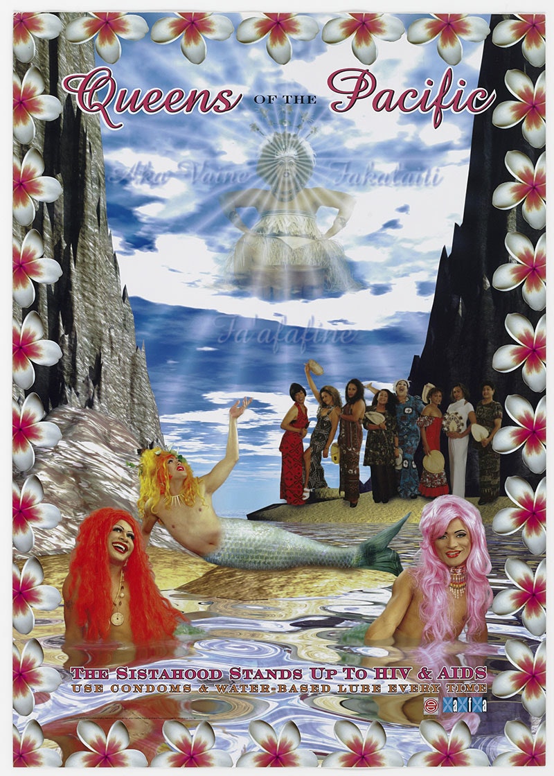 Safe-sex poster featuring a border of frangipani flowers and members of the fa’afāfine, 'akava'ine, and fakaleiti communities