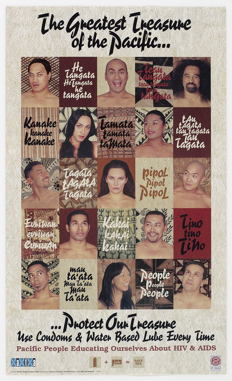 Poster showing faces of many people and the words ‘THe greatest treasure of the Pacific ... Protect our treasure ... use condoms and water based lube every time’