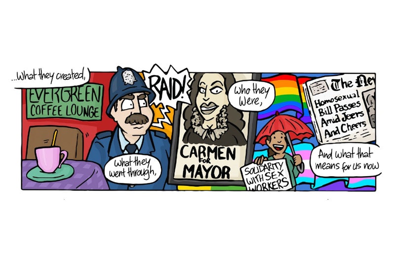 A single panel from a comic featuring a montage containing a policeman, a poster of Carmen Rupe, a rainbow flag and a newspaper