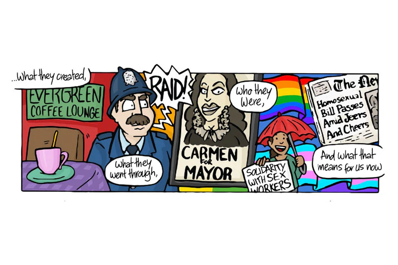 A single panel from a comic featuring a montage containing a policeman, a poster of Carmen Rupe, a rainbow flag and a newspaper