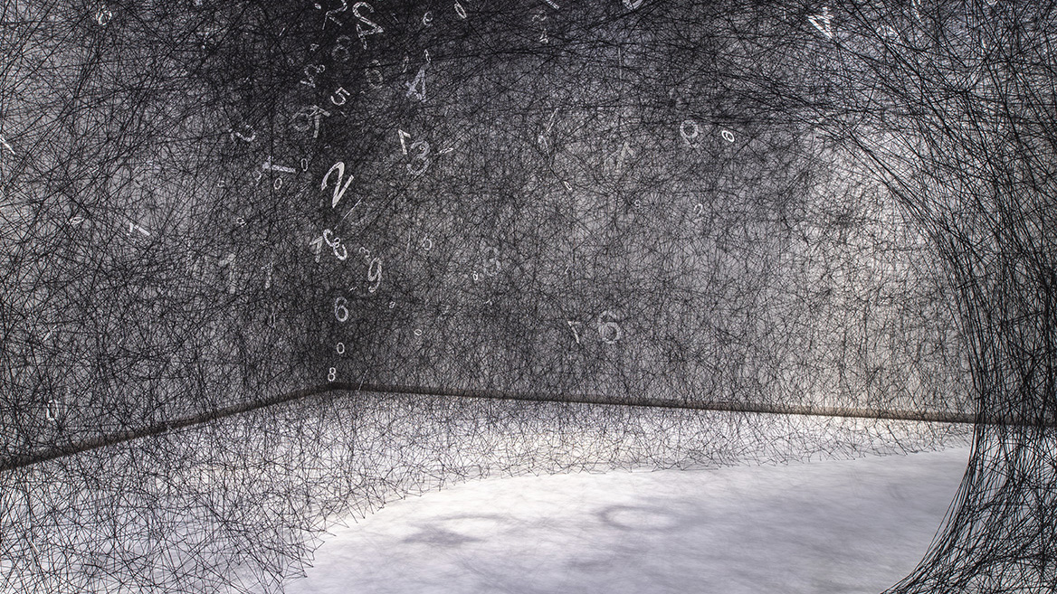 Black wool in a web stretched across a museum gallery floor, with white numbers sitting in random parts of it.